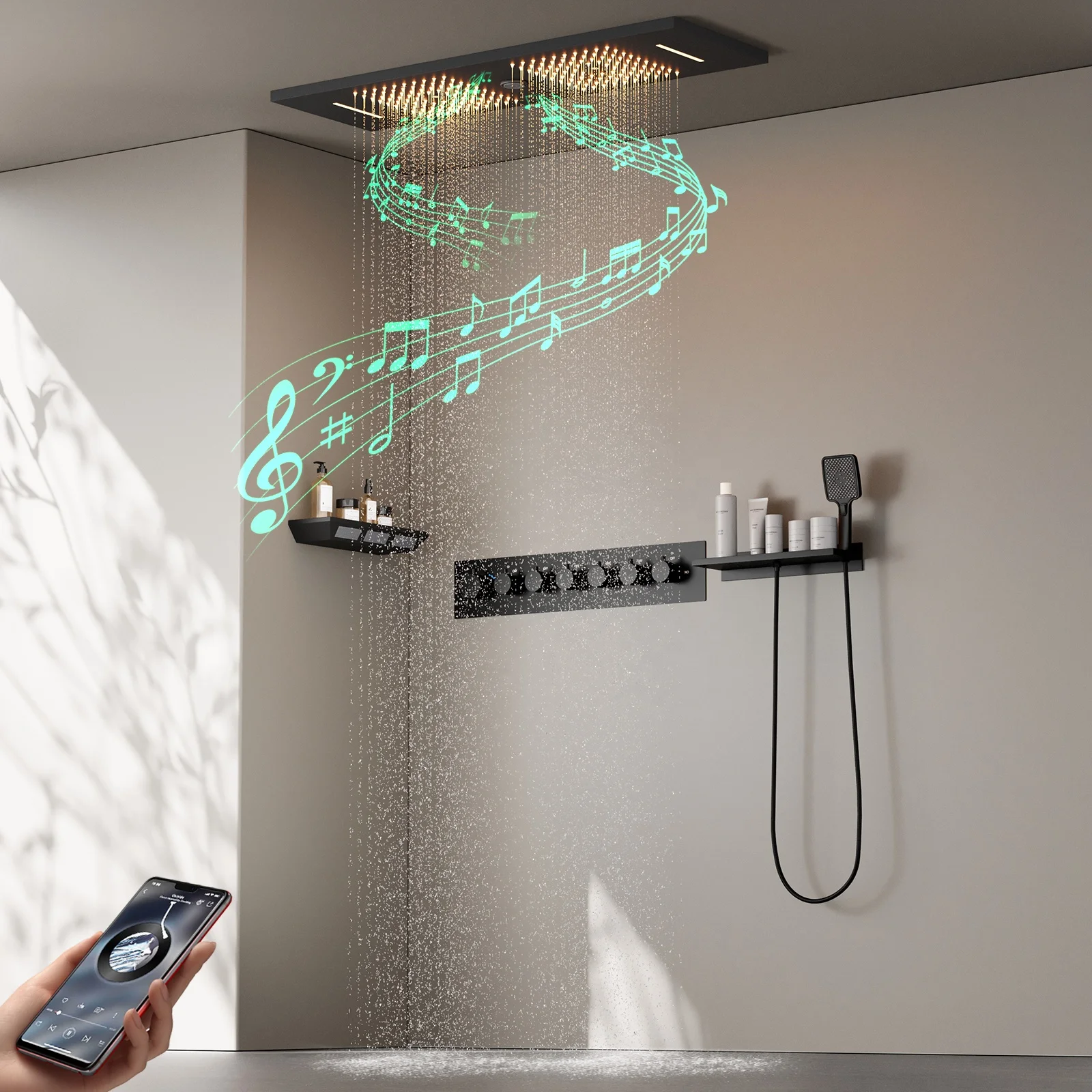 

Современный многофункциональный термостатический душевой набор 30*90 см, большой размер, музыкальная светодиодная насадка для душа, потолочная ванная комната с массажным спреем для талии