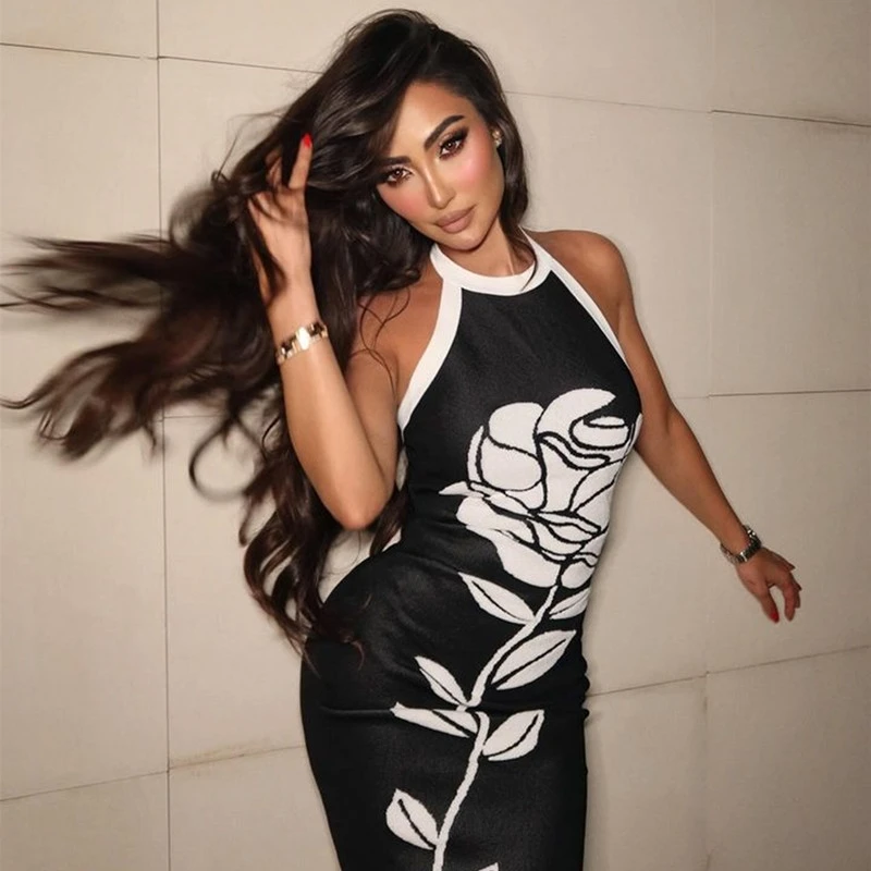 

Women Fashion Celebrity Sexy Backless Rose Flower Midi Black Jacquard Bandage Dress 2025 Elegant Evening Club Party Dresses