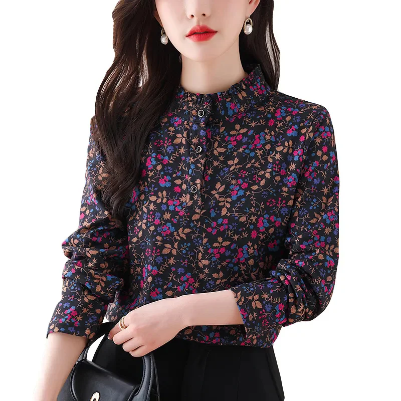 2024 Long Sleeved Floral Shirt Women Spring New Stand Up Collar, Mom's Temperament Top, Printed Buttons Age Reducing Small Shirt