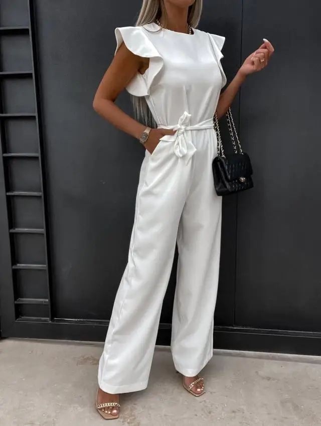Jumpsuit mit Schnürung, hoher Taille, elegant, einfarbig, gerade geschnitten, modische Rüschenärmel, Dating-Jumpsuit – Detail 3
