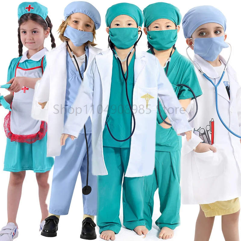 

Green Girls Nurse Scrub Set Fancy Dress Up Unisex Children Surgical Uniform Suit Boys Doctor's Outfit Performance Costume