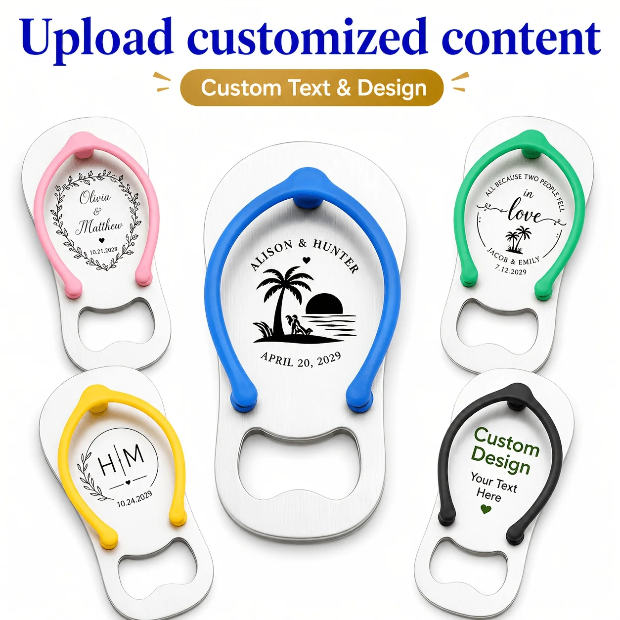 4 unidades de abridores de botellas con diseño personalizado en forma de chanclas, con contenido a medida, disponibles en 4 colores y estilos diferentes. Ideales como recuerdos para invitados en bodas en la playa, divertidos regalos para bodas en destinos turísticos y prácticos regalos para la fiesta nupcial en verano.