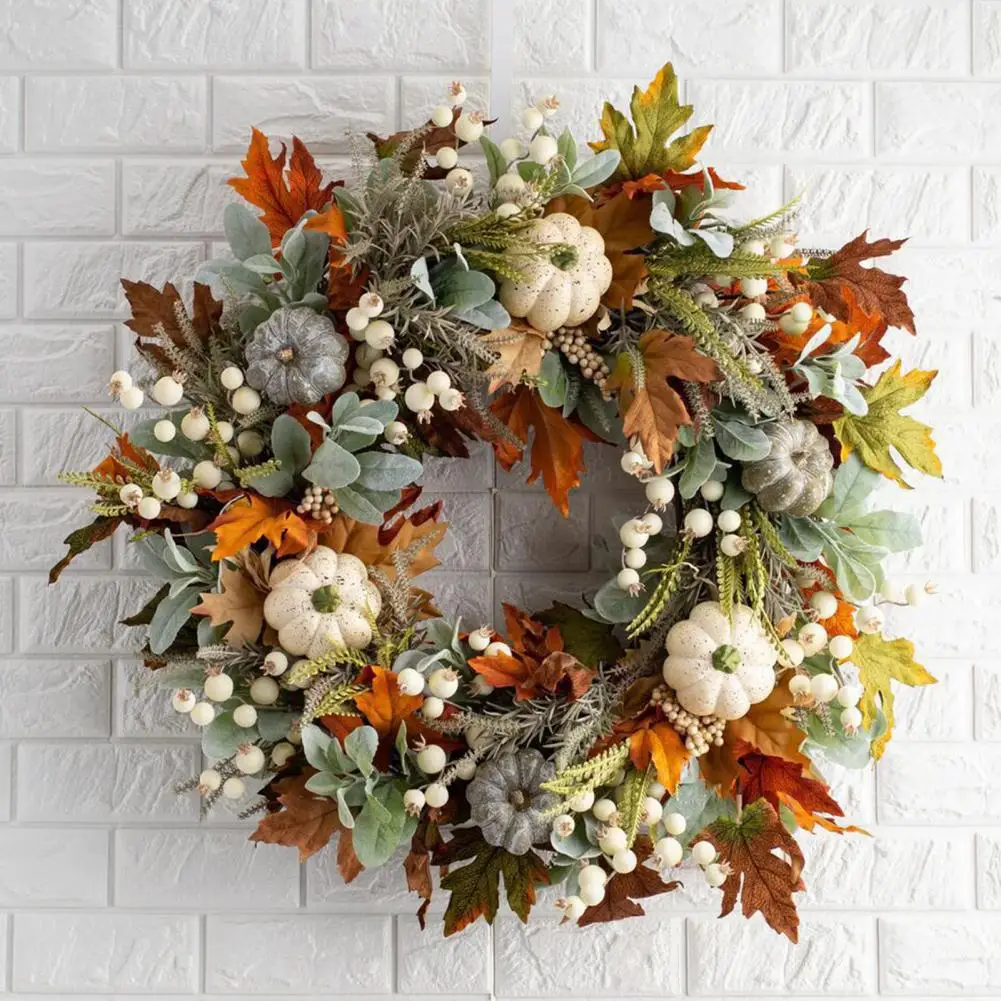 Fall Pumpkin Wreath Front Door Rustic Autumn Harvest Garland with Maple Leaves Berries Halloween Thanksgiving Decor for Farmhous