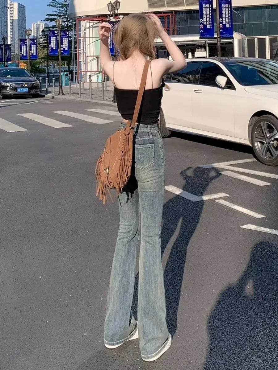 

Retro Blue Hole Micro Flared Denim Jeans Women's High Waist Slimming Sexy Long Pants High Elastici Summer Season Ladies Jeans