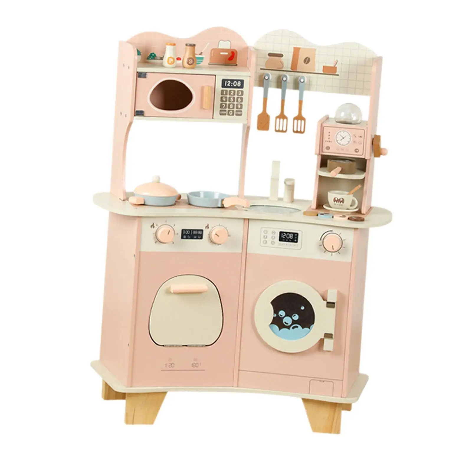 

Wooden Kitchen Pretend Play Set Birthday Gift with Seasoning, Clock, Microwave Simulation Cooking Utensils Educational Toy