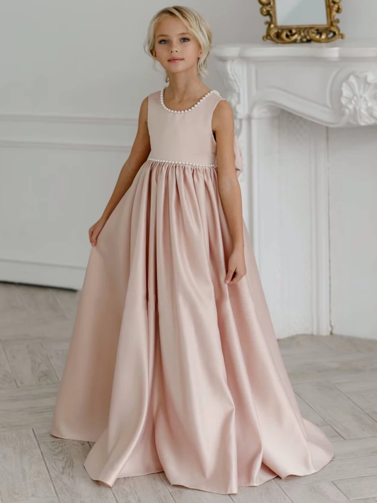 

Flower Girl Dresses Pink Satin Pearl Neckline And Waistband With Bow Sleeveless For Wedding Birthday Party Banquet Princess Gown