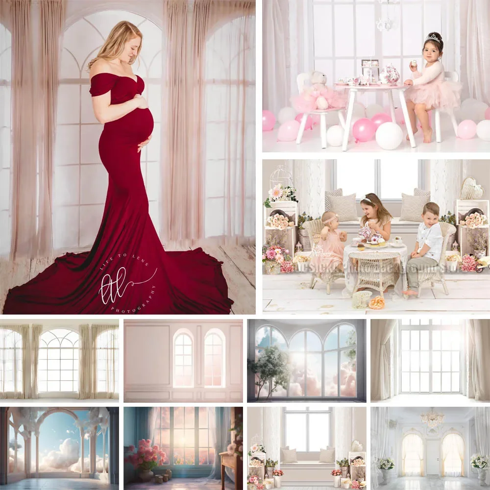

Interior White Curtains Window Photography Background Luxury Modern Decor Birthday Bridal Shower Wedding Backdrops Photo Studio