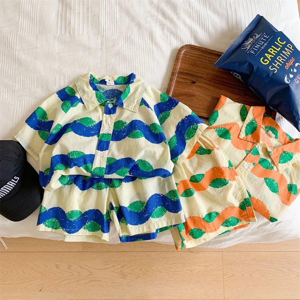 

Summer Kids Clothes Boys Holiday Set Wave Design Korean Cotton Shorts and Short-sleeved Shirt Beachwear 2pcs Set Outfits 1-12Y