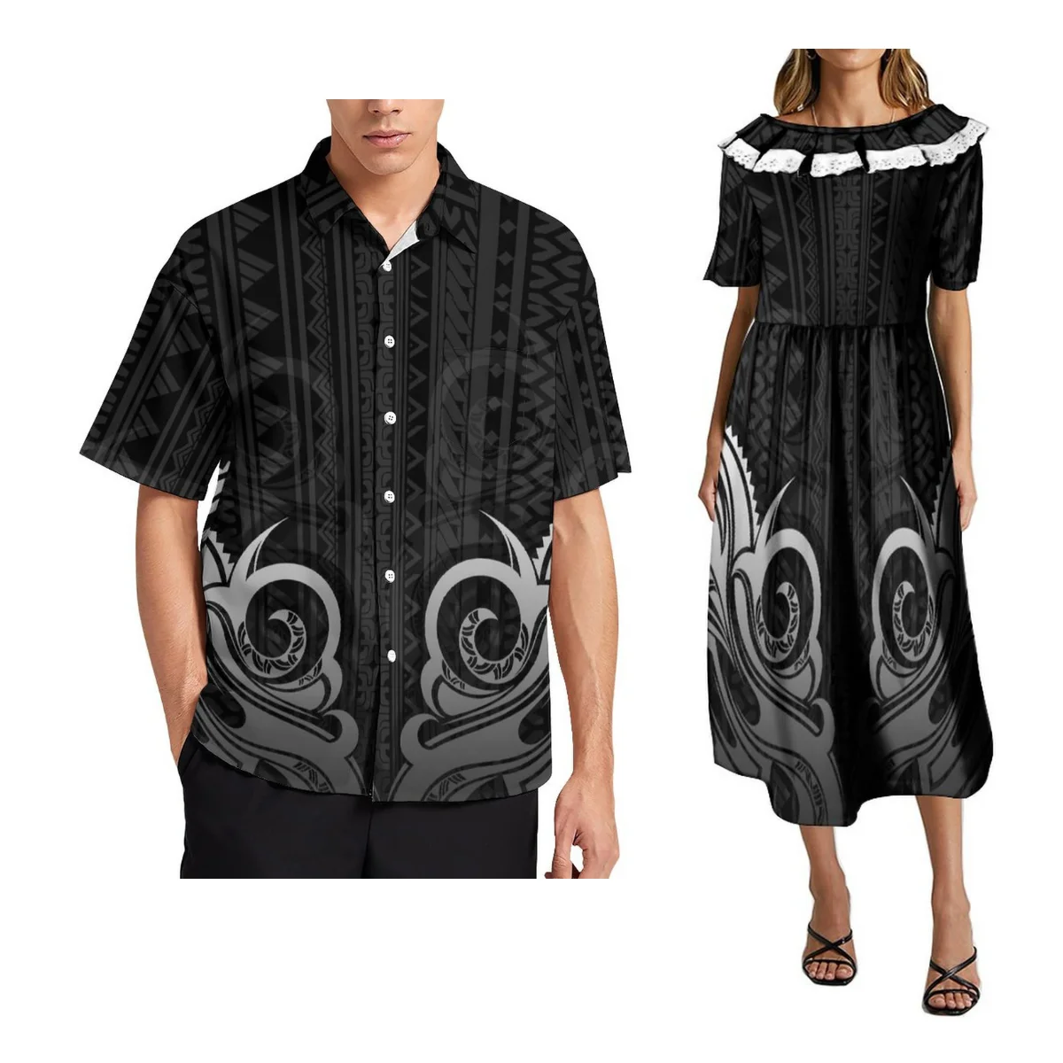 Polynesian Women Cute Long Dress With Lace Samoan Culture Men Shirt With Pocket Chic Couple Suit Matching