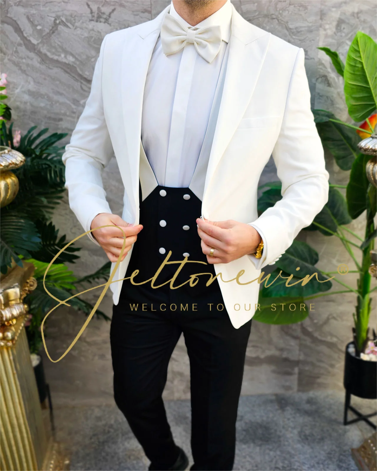 Men's White Tuxedo with Black Vest | Formal Wedding Suit | High-Quality | Elegant Design for Special Events 2025