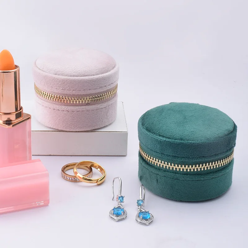 2 Pcs/set Velvet Jewelry Box Mini Round Zipper Travel Ring Organizer with Mirror Portable Cute