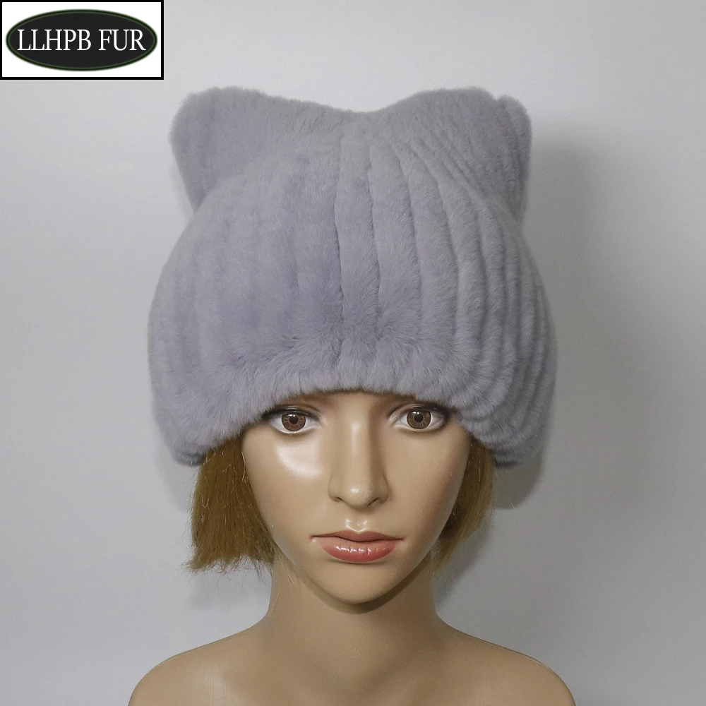 

Winter Fashion Fur Hat Girls Fluffy Warm Real Rex Rabbit Fur Cat's ear Hats Women Thick Outdoor Good Quality Rex Rabbit Fur Cap
