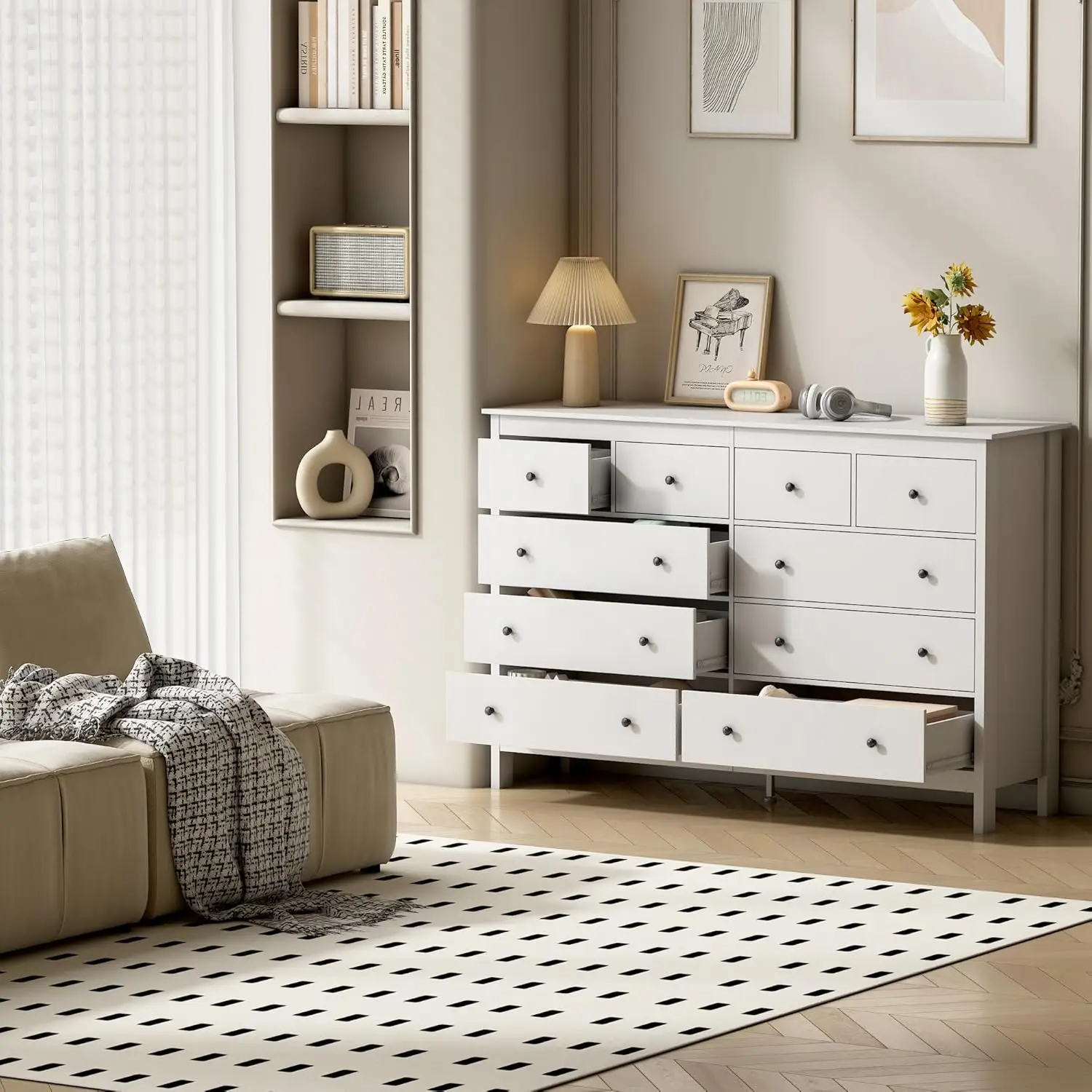 Cómoda de 10 cajones, cómoda y cómoda blanca moderna de 55", cómoda de 10 cajones anchos para dormitorio