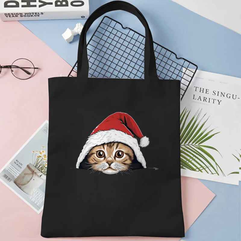 Funny Christmas Cat Print Canvas Tote Bag Large Capacity Teen Shoulder Shopping Bag Fashion Women\'s Christmas Gift Handbags