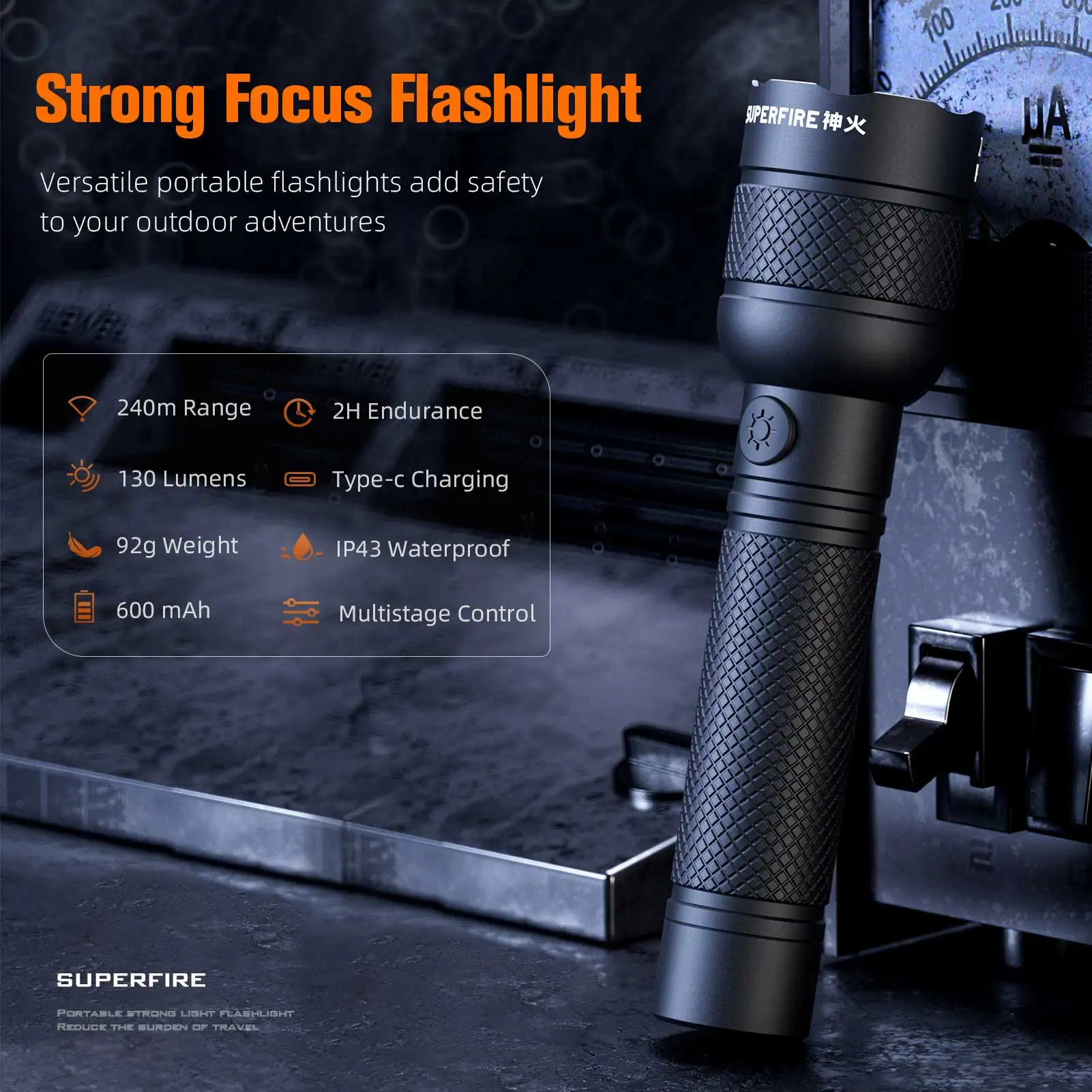 SUPERFIRE RG03 Rechargeable Flashlight Portable LED Zoom Torch Telescopic Tactical Type-C Waterproof Camping Fishing Lantern