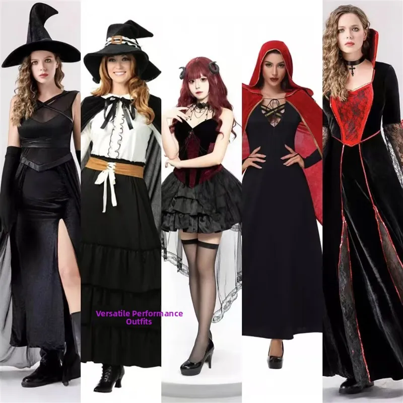 

Gothic Dark Style Halloween Costume Women's Long Witch Dress Cape Death God Black Dress for Ladies Ethnic Stage Clothes