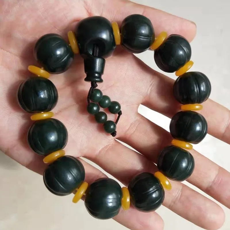 Hotan Green Bracelet With Jade Gourd Beads Men