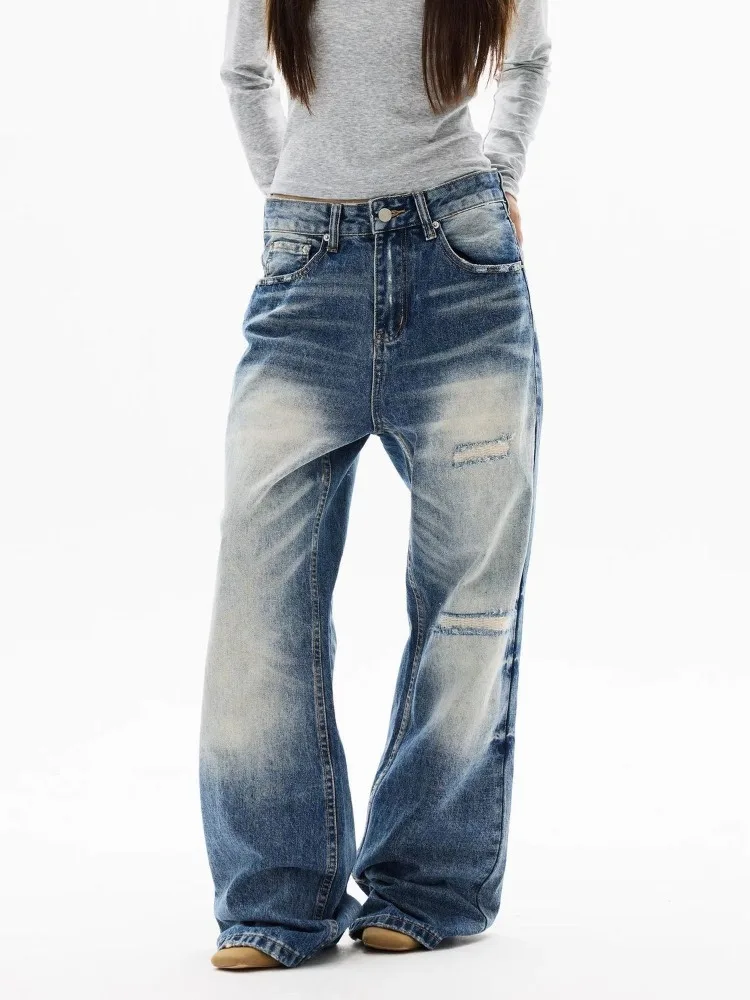 Deeptown Vintage Washed Women Blue Jeans Distressed Wide Leg Denim Trousers Baggy American Style Retro Boyfriend Ripped Jeans