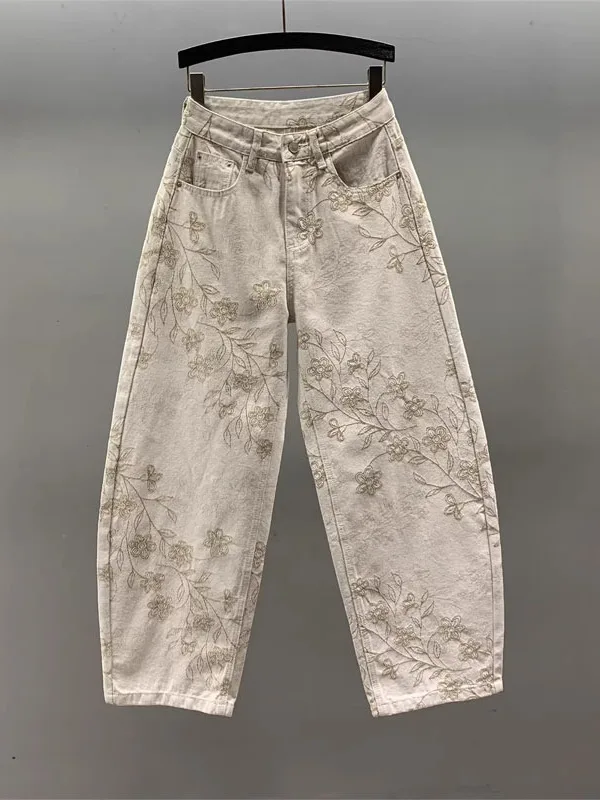 

Retro Embroidered Casual Wide Leg Denim Jeans Women's High Waist Loose Slimming Long Pants Spring 2026 New Style Commute Style