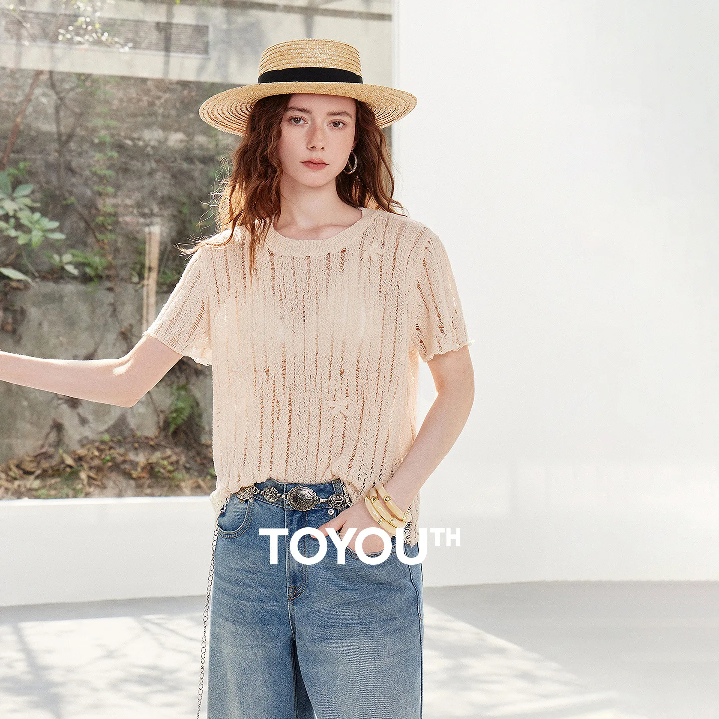 TOYOUTH Women Curved Linen Hollow Knitwear 2026 Summer New Forest Retro Light Literary Relaxed Pullover Tops