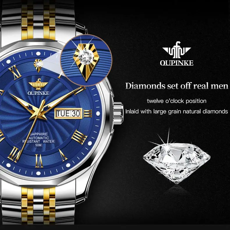 Real Diamond OUPINKE Automatic Mechanical Watch for Men Swiss Top Brand Sapphire Crystal Mirror Tungsten Steel Luxury Watch 3207