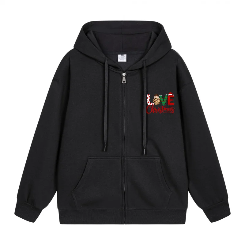 

Men's Zip-Up Hoodie Black Hoodie Love Always Printed On Black Hoodie Front Panel Christmas in 2025 Festive Print