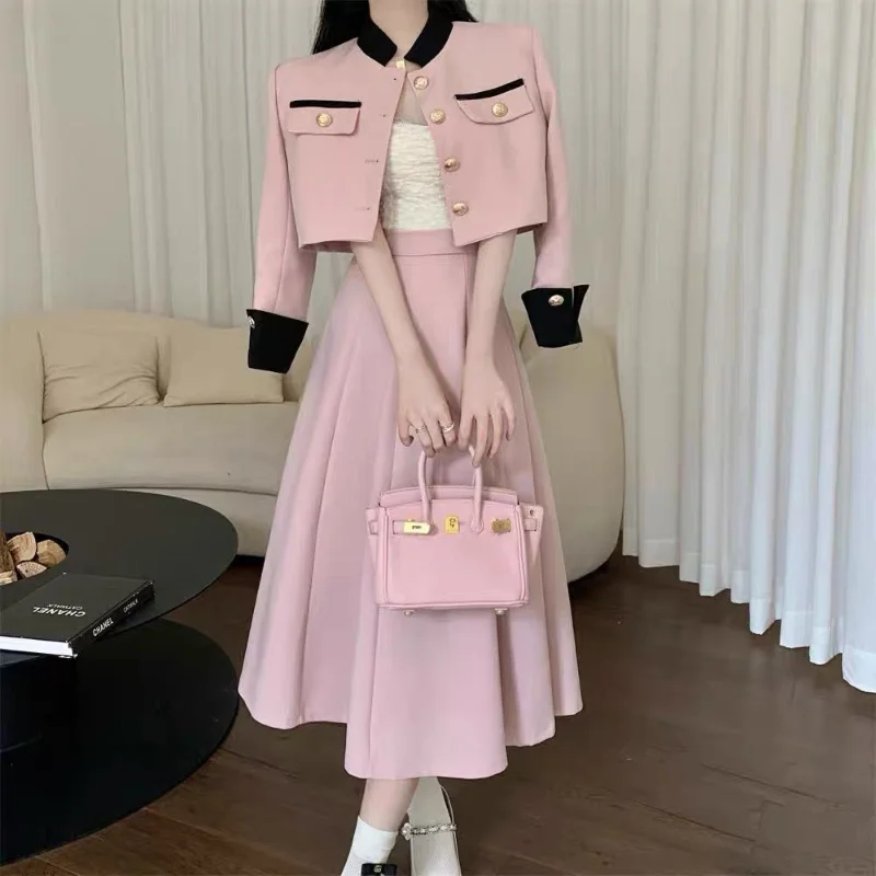 

Women Autumn Winter New Stand Up Collar Small Fragrant Skirt Set Fashion Contrast Short Button Coat High Waisted Two-piece Dress