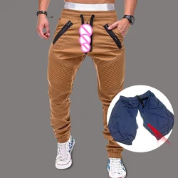 Fashion Cargo Baggy Sweatpants Men's Casual Pants Invisible Open Crotch Outdoor Sex Double Zipper Striped Pencil Pants Overalls