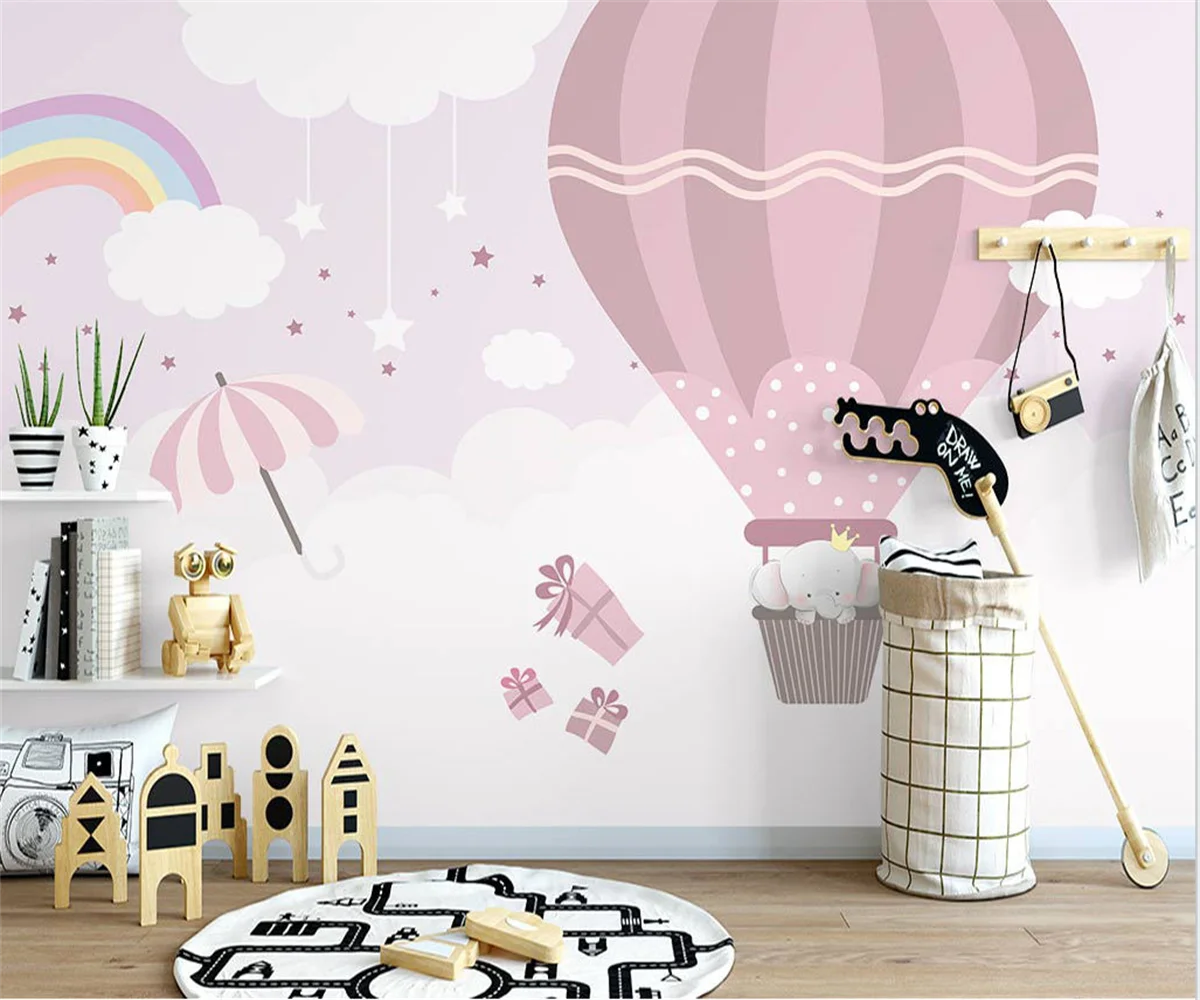 beibehang Customize new Nordic hand-painted feather hot air balloon pink children\'s room background wallpaper papier peint