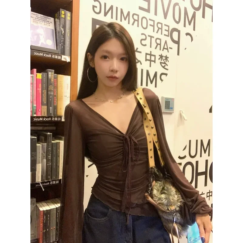 

Женская прозрачная блузка с V-образным вырезом и длинным рукавом с завязкой спереди и рюшами, облегающий повседневный топ