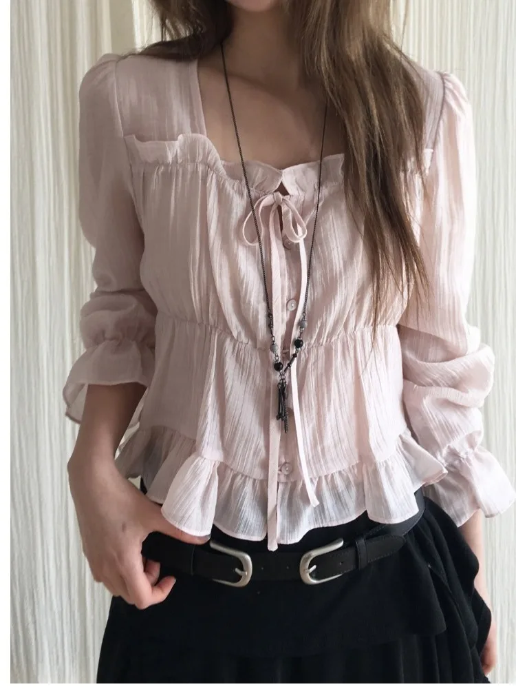 Chic Long Sleeve Women's Shirt Single Button Texture Sensation Belted Lace Trim Korean Style Waist Cinched Polyester Fiber