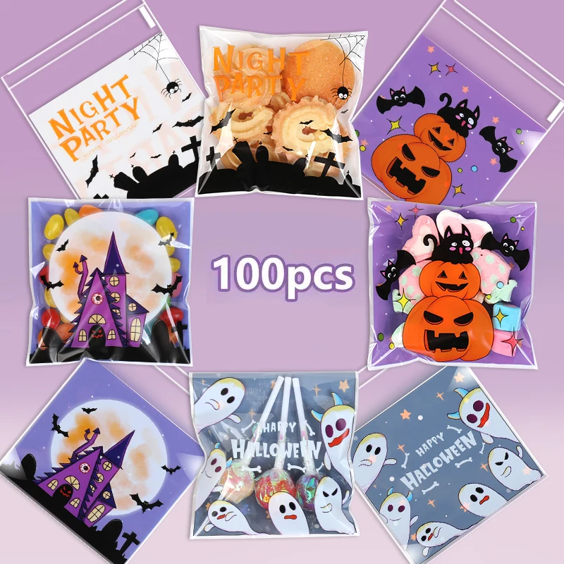 100/200 stücke Halloween Süßigkeiten Taschen Selbstklebende Kunststoff Snack Cookies Geschenk Tasche Kinder Gefälligkeiten Halloween Party Dekoration Lieferungen