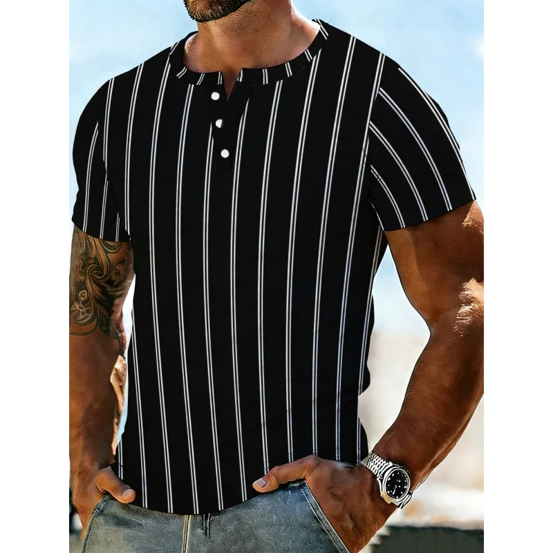 

Stripe Pattern Grandpa Shirt For Men Geometry 3D Printed T-Shirts Summer Street Tops Short Sleeve Tees Stand Collar Polo Shirts