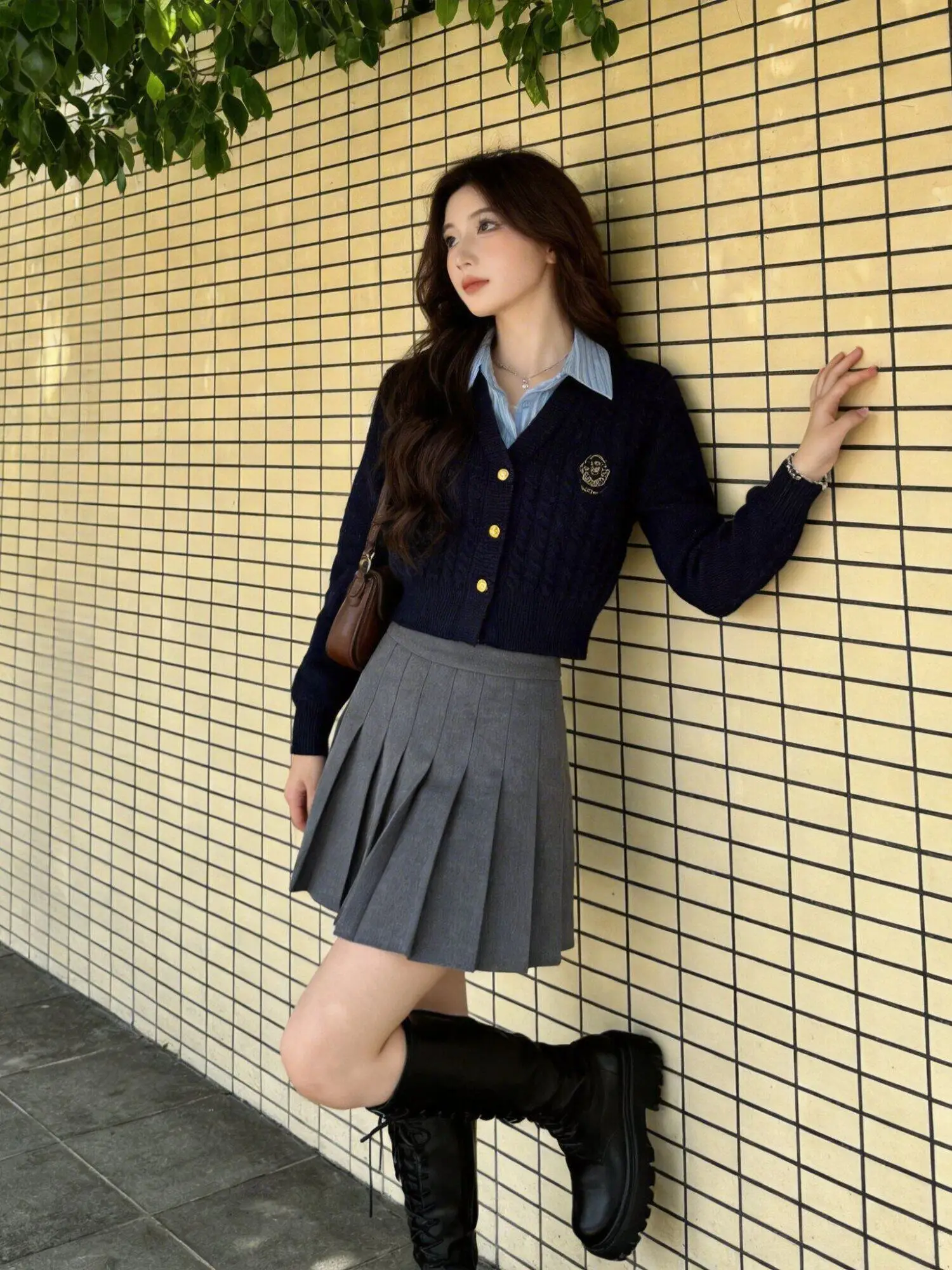 

Spring College Style Women's Korean Aesthetic Slimming Knitted Top And Skirt Set Casual Long Sleeve High Waist Pure Color