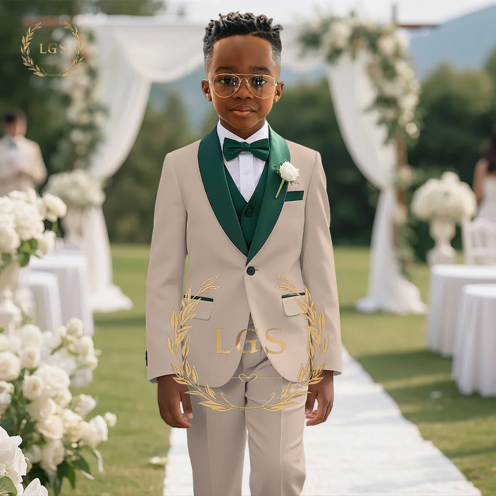 Boys Wedding Suit 3-Piece Suit-Green Collar Color Matching Elegant Little Gentleman Custom Slim Birthday Party Tuxedo image 3