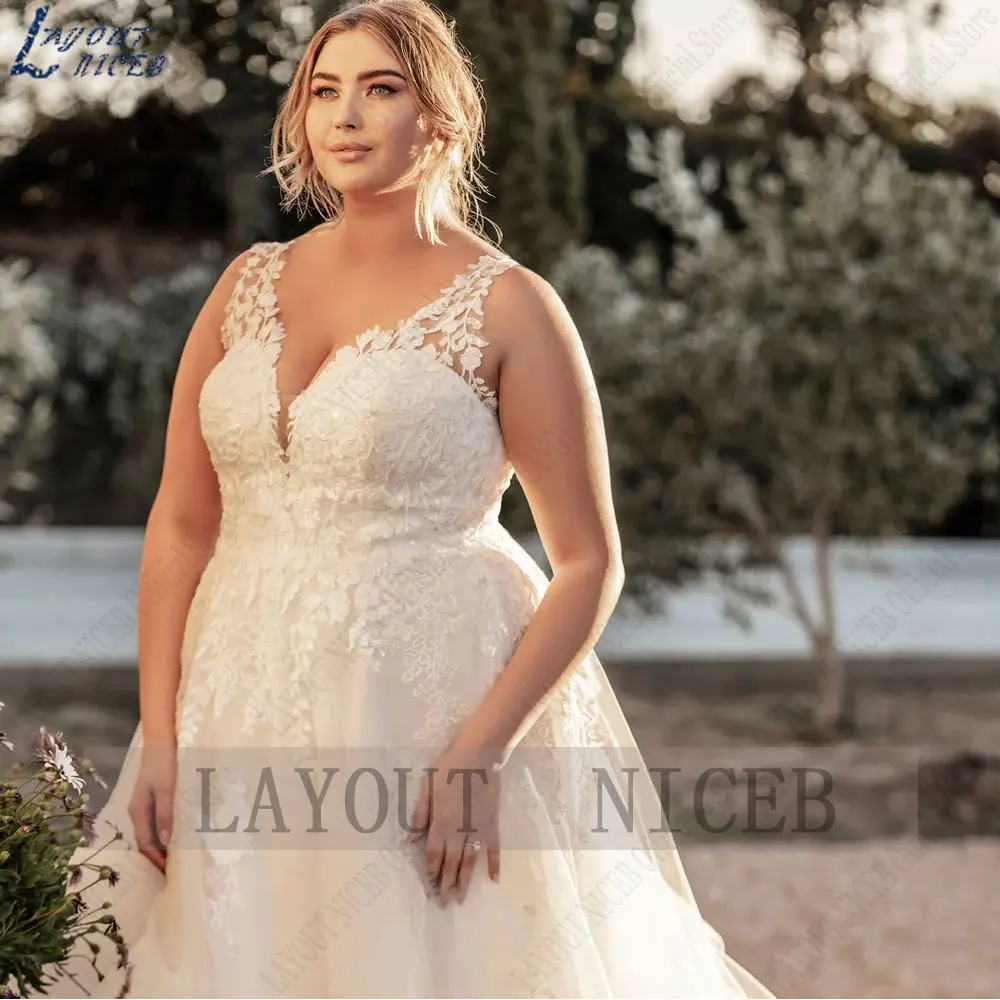 NICEB-vestido de novia con tirantes finos, traje de novia con cuello en V, corte en A, talla grande, Espalda descubierta, apliques de tul, 2024NICEB-vestido de novia con tirantes finos, traje de novia con cuello en V,