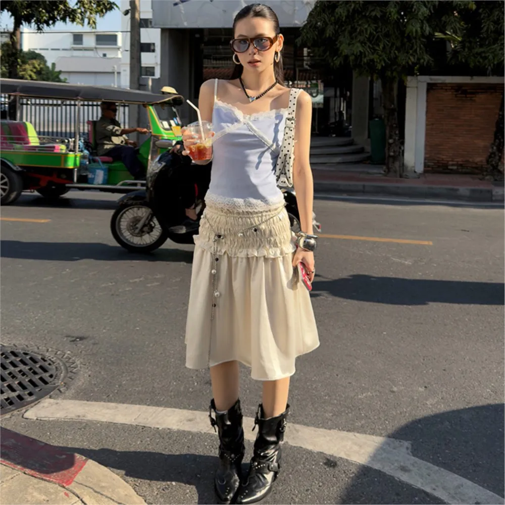 

Camis Casual Blusas Sleeveless Tops For Woman Camisetas Hot Girl Style Y2k Clothing Simple Style Slim Lace Patchwork Solid Color