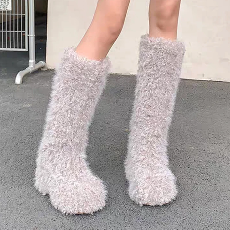 Fur Women's High Boots Flats Warm Woman Shoes 2025 Winter Trend Plush Knee High Boots Casual Walking Shoes Mujer Chelsea Botas