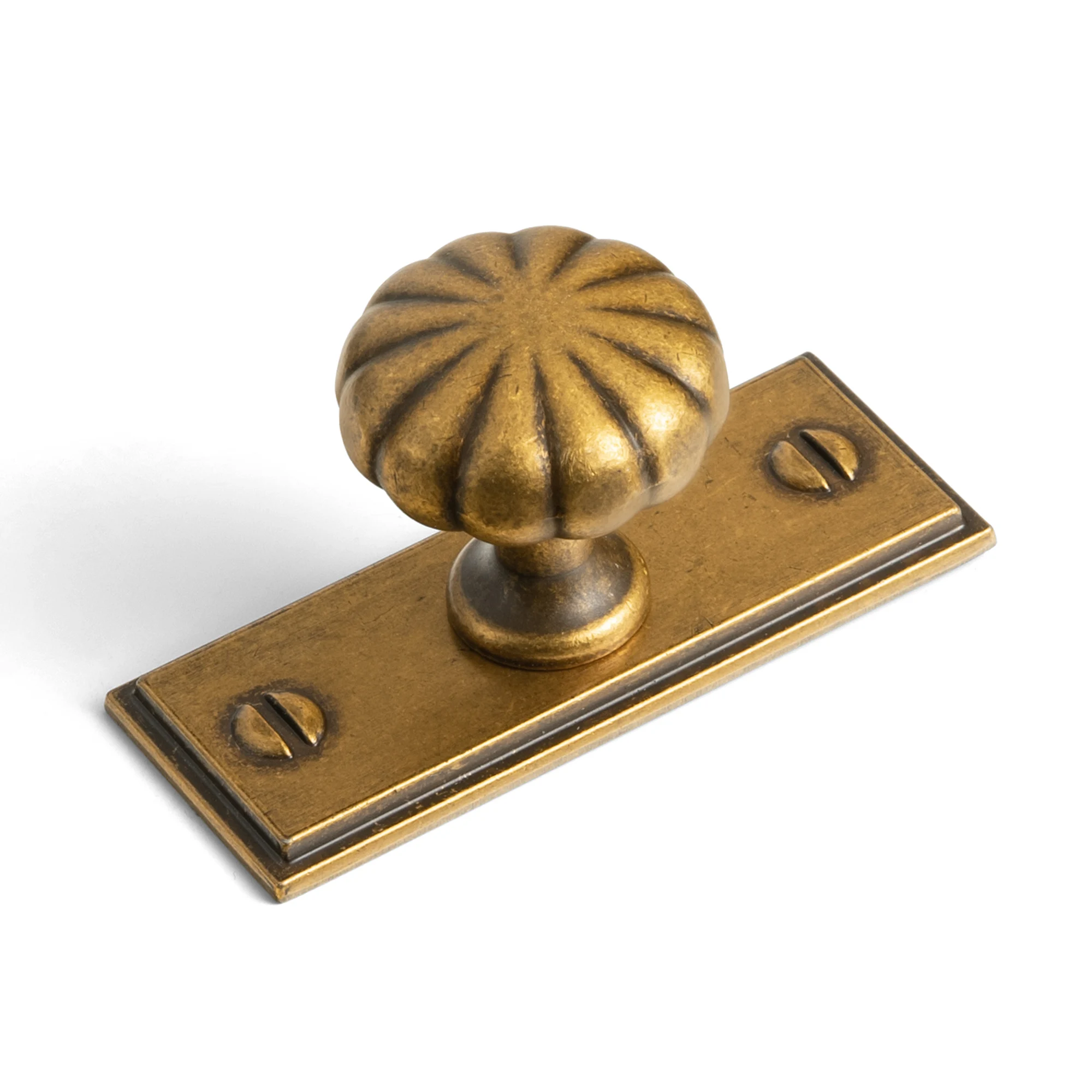 Goo-Ki Antique Brass Cabinet Knobs with Backplate 6 Pack Flowcrest Solid Zinc Alloy, Warm Aged Vintage Tone, Fluted Melon Grip, For Kitchen Cupboards, Bathroom Vanities, Dressers And Closets