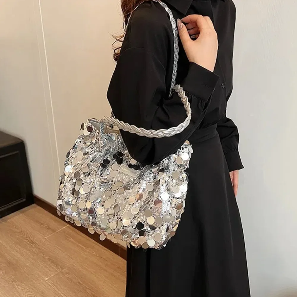 Portable Sparkling Sequin Shoulder Bags Large Capacity Zipper Closure Tote Bag Solid Color Fashion Handbag Women