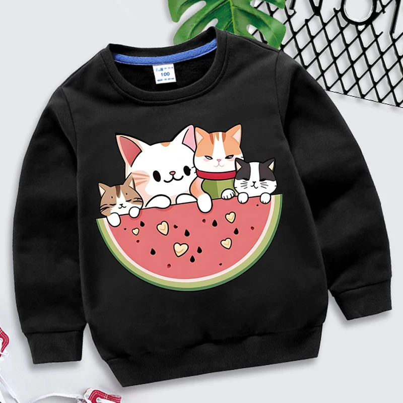 

Cute Cats Watermelon Print Sweatshirt Children Casual Sports Long Sleeves Crew Neck Sweatshirts Kids Girls Hoodeless Pullovers