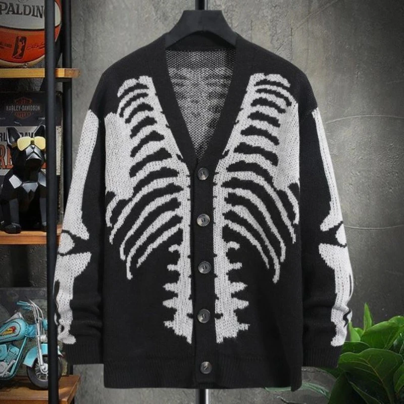 Cárdigan de manga larga con estampado de calavera de Halloween para hombre, abrigo con cuello en V y botones, suéter vintage y2k, otoño e invierno,