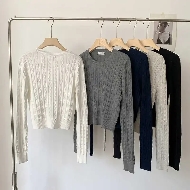 Korean Solid O-Neck Cable Women Sweater 2026 Autumn Winter Versatile Inner Knit Top Cropped Waist Slim Long Sleeve Pullover