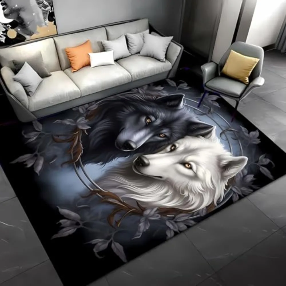 Living Room Rug Bicolor Mascot Silhouette Innocent Golden Eyes Printed Solid Black Backdrop House Apartment Floor Carpet