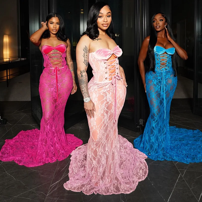 

D24ds555 Women's 2025 New New Mesh Evening Dress Long Dress Strap Skirt Dress 2025 Summer Dress Robe Vestido Women Elegant