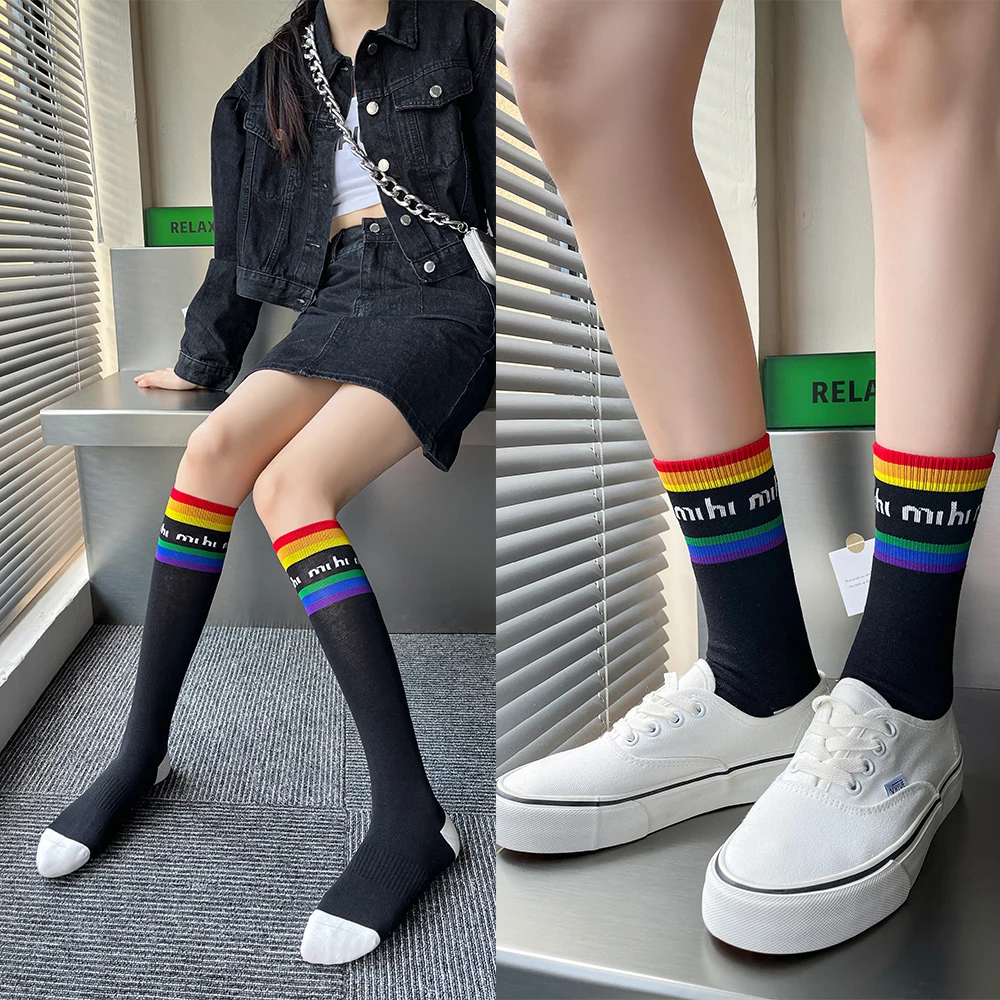 New Rainbow Women's Socks Ins Tide In The Tube Pressure Sports Fitness Yoga Stovepipe Running Half Cotton Letter Calf Stockings