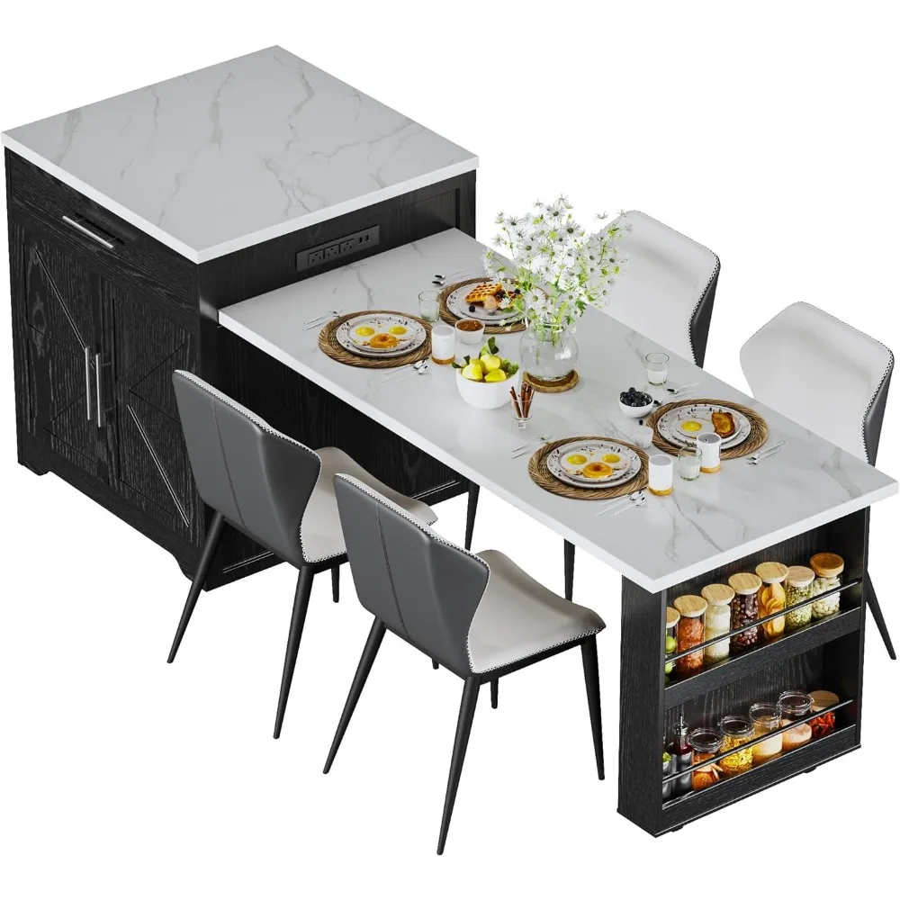 جزيرة المطبخ المتدحرجة على طراز المزرعة مع طاولة قابلة للتمديد لـ 4-6 مقاعد وتخزين وحامل زجاجي للنبيذ #3