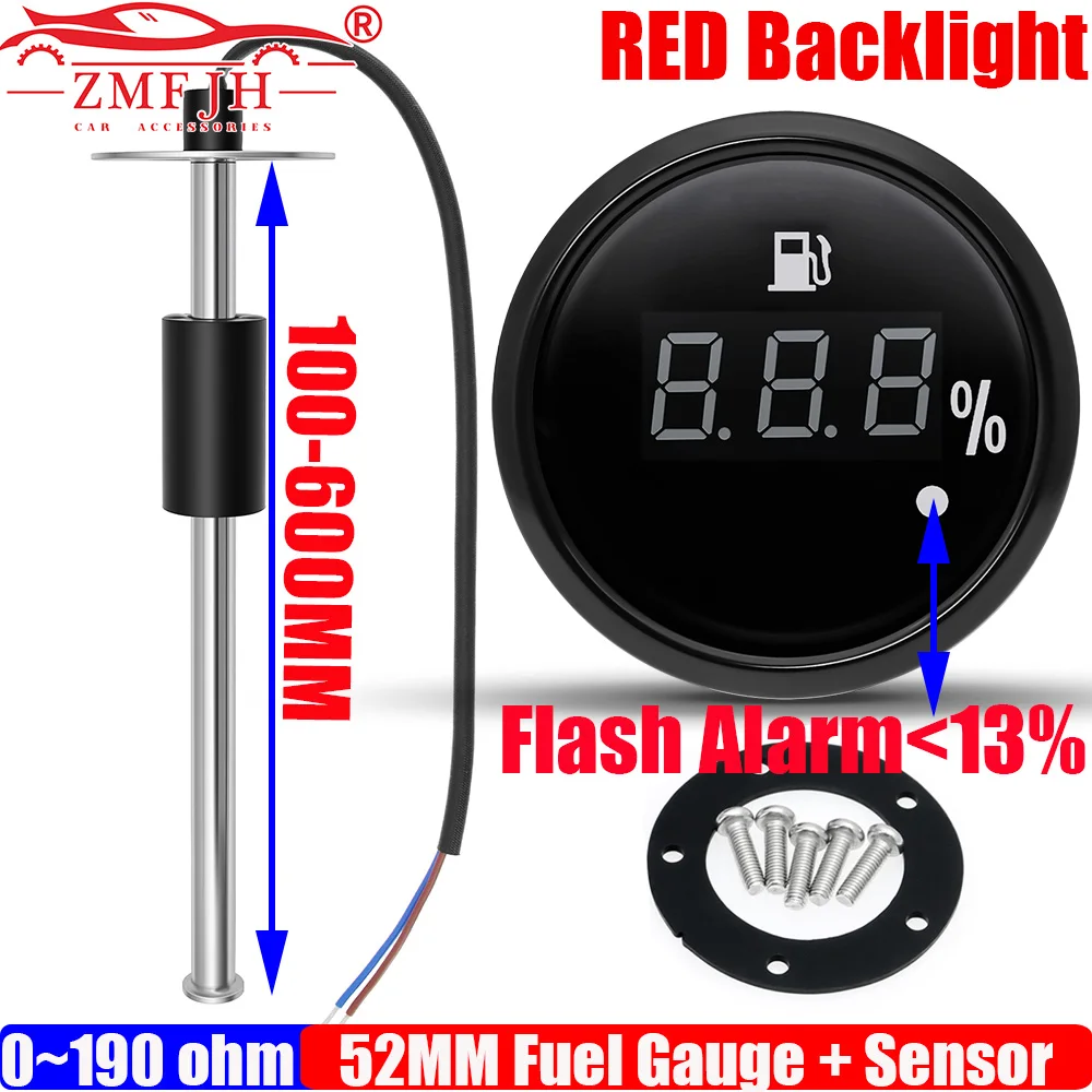 

ZMFJH Red Light Digital 52MM Fuel Level Gauge with Flashing Alarm 0-190 ohm Fuel Level Sensor 100~550MM for Boat Yacht Car Auto