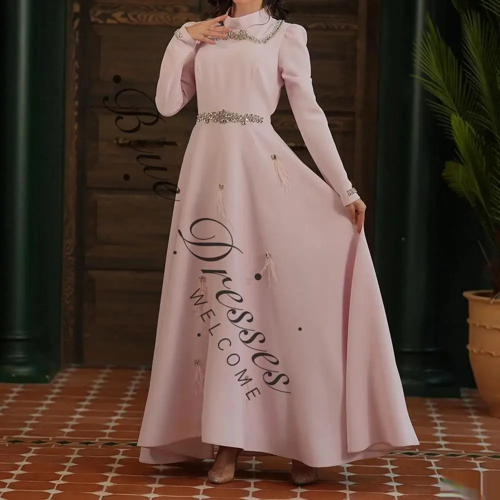 

customized Evening Dresses Floor-length High-neck Full Sleeve Prom Gown Fashion Crystal Tassel Simple Draped Party Gown