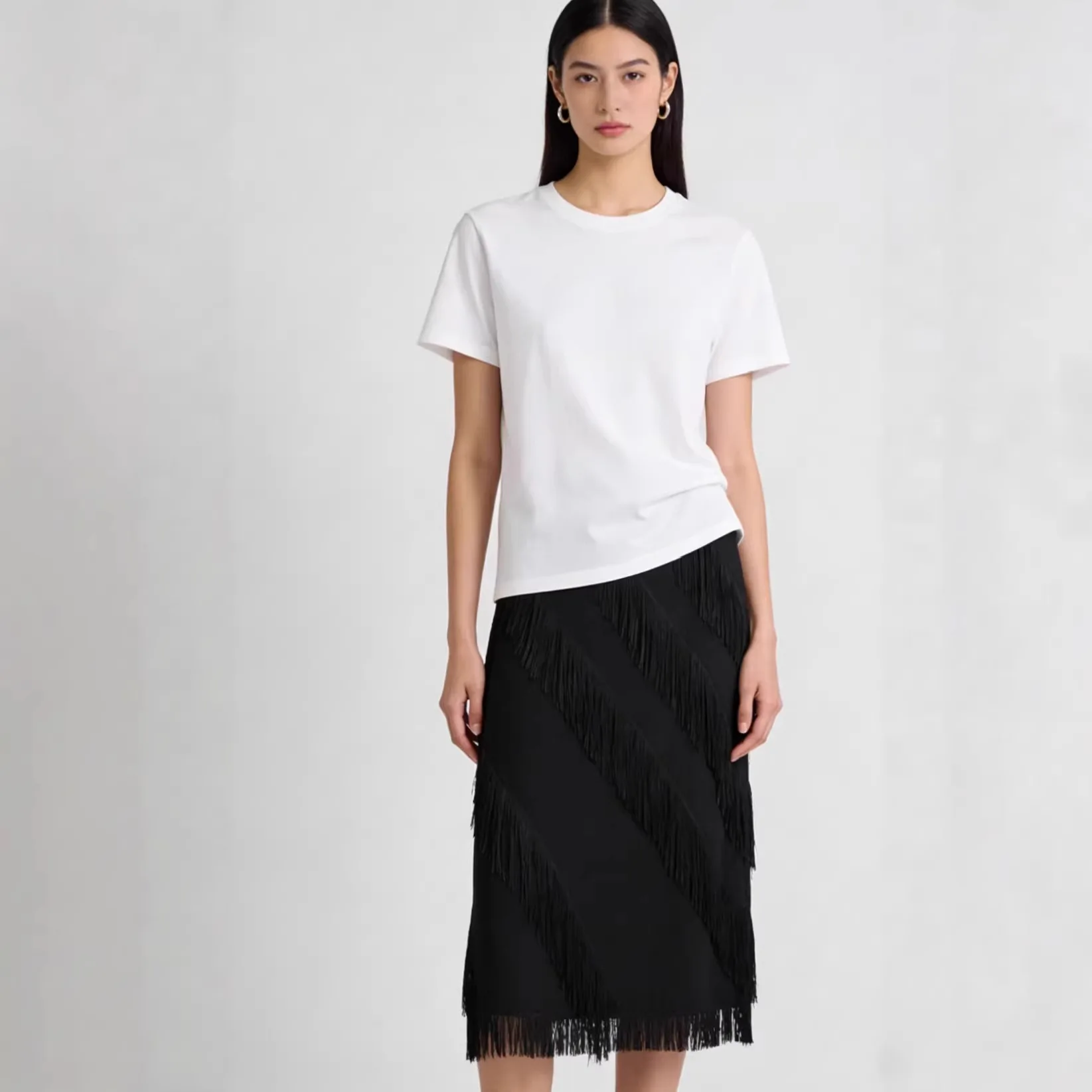 

YUDX Miyake Pleated Coffee Brown Solid Color Fringe Detail Midi Skirt Elastic Waist Loose Breathable Casual Summer Boho Bottoms